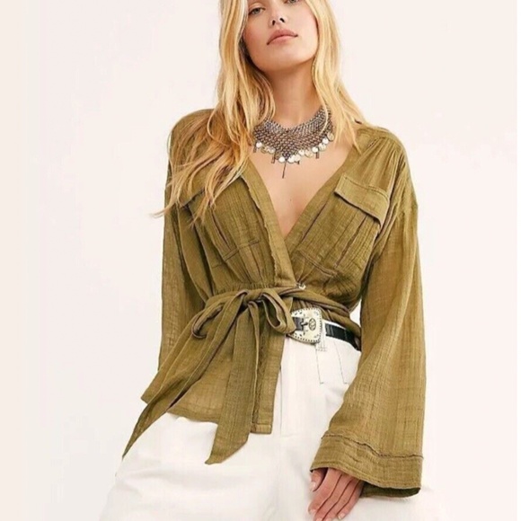Free People Tops - NWOT Free People Safari Sheer Olive Oversized Wrap Top. S